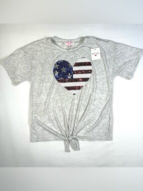 NWT POOF GIRL Patriotic Sequin Heart Tie Front Top XL Americana USA 4th July NEW